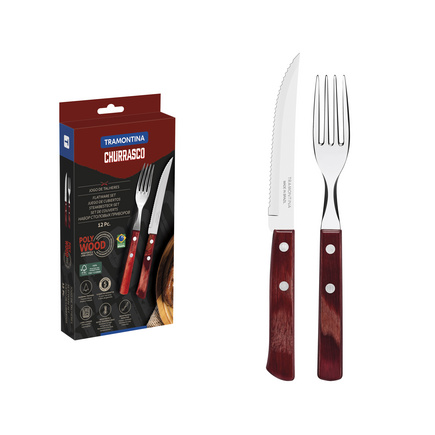 Jogo de Talheres para Churrasco Tramontina com Laminas de Aço Inox com Cabos de Madeira Tratada Polywood Vermelho 12 Peças