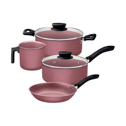 Jogo de Panelas Tramontina Linz em Aluminio com Revestimento Interno e Externo em Antiaderente Starflon Max Rosa 4 Peças
